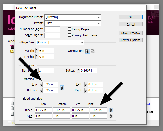 In Adobe Indesign, in the margin section adjust the space to .35. In the bleed section adjust the top, bottom, left, and right to 0.125 inch. 