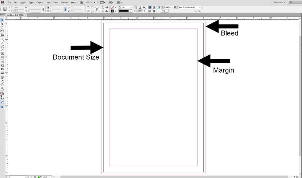 In Adobe indesign, you will see how the outline will look like. This includes the bleed, margin and document size. 