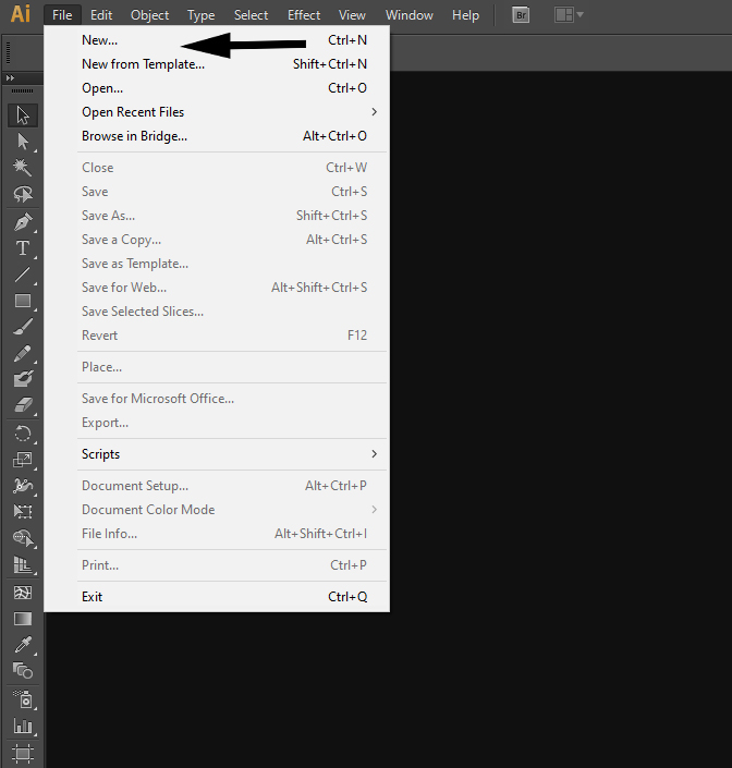 Starting a new document using Adobe Illustrator. Click on the new document in the file section. 